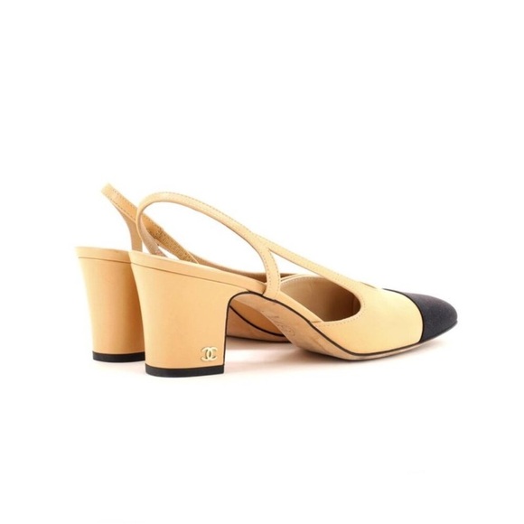 CC Cream and Black Cap-Toe Slingback Heels - Picture 1 of 4